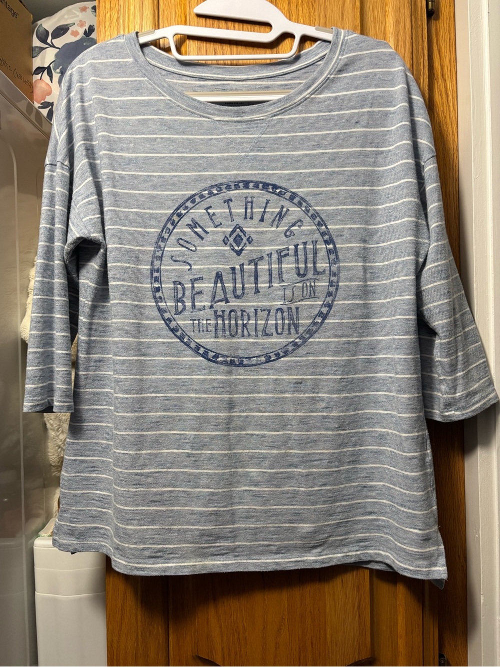 Women's Light Blue Striped Graphic Tee - "Something Beautiful is on the Horizon"